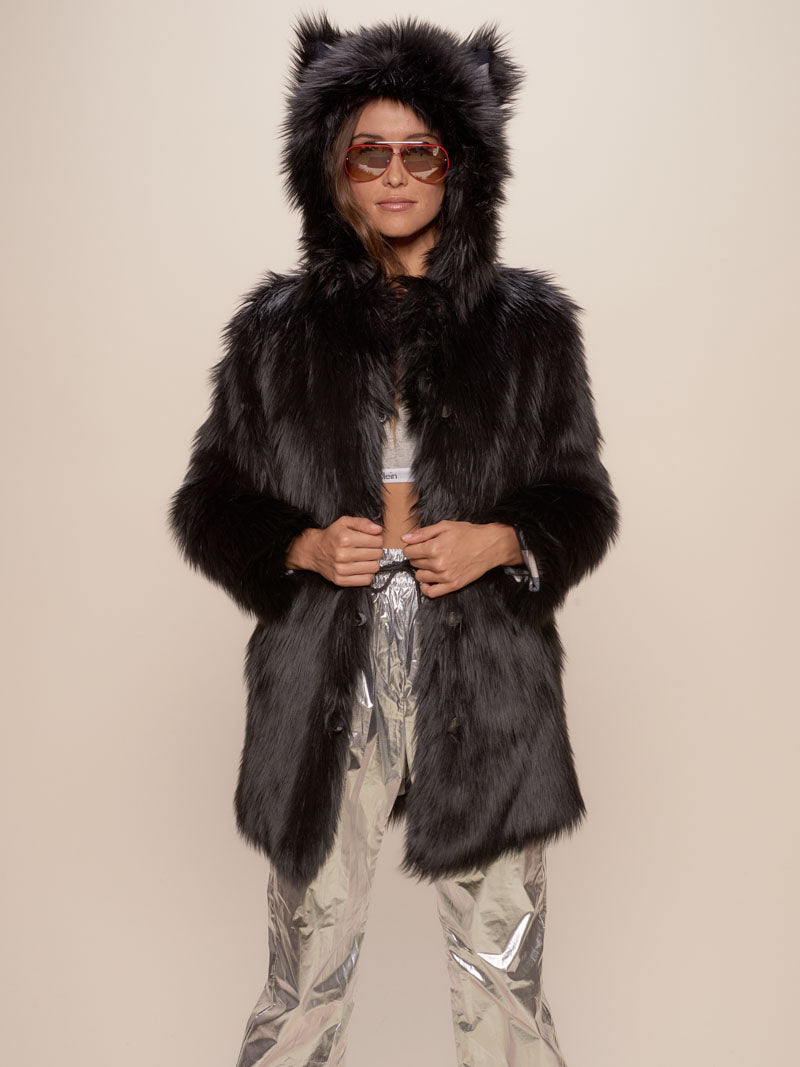 Woman wearing Black Wolf Plaid Classic Faux Fur Coat, front view 1