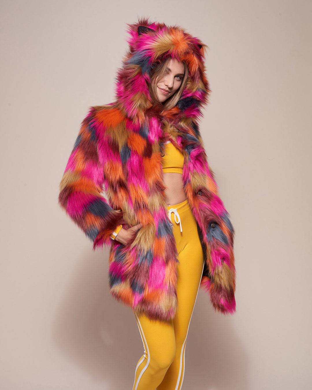 Woman wearing Classic Calico Leopard Faux Fur Coat, side view 1