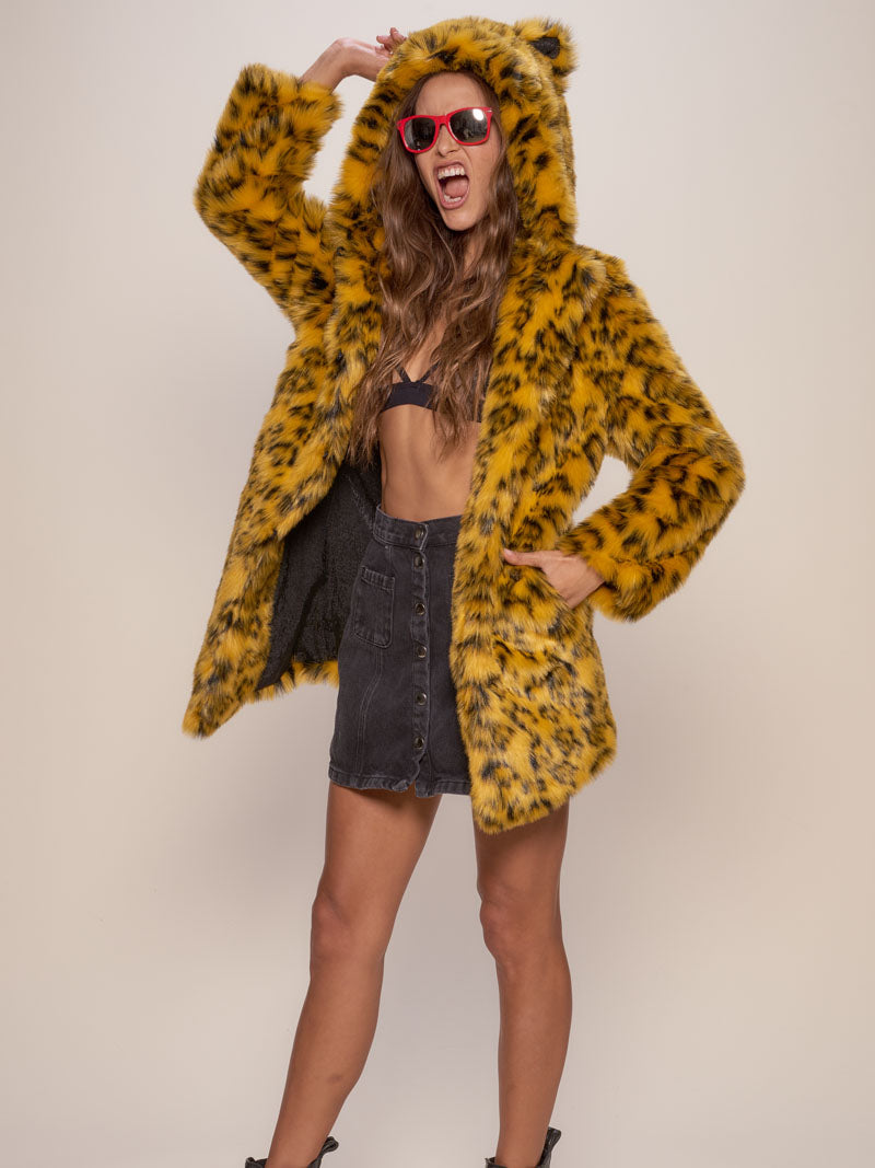 Woman wearing Yellow Cheetah Classic Faux Fur Coat, side view 2