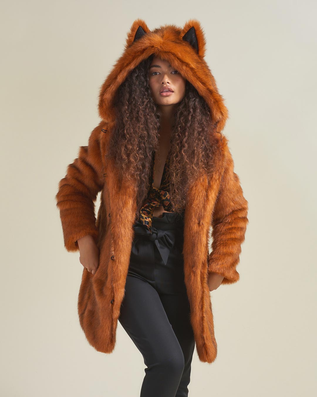 Female Wearing VAMP Wolf Artist Edition Faux Fur Coat