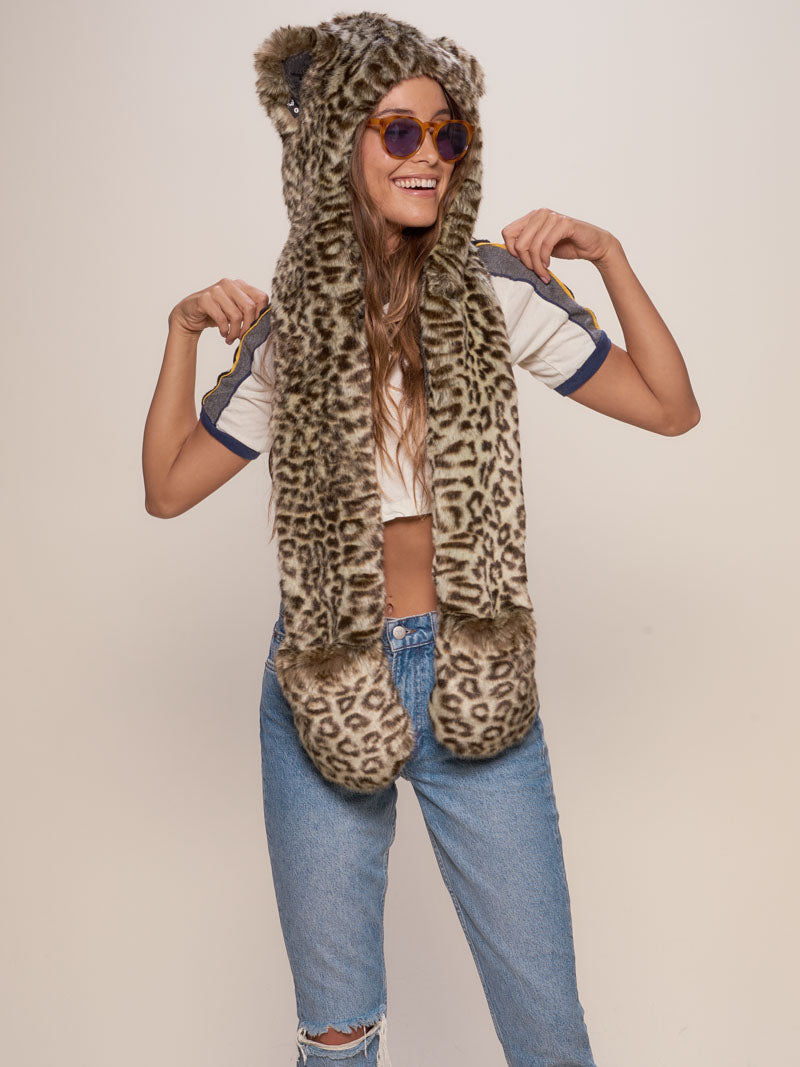 Beige and Brown Forest Leopard Collector Edition Luxe Faux Fur Hood on Female