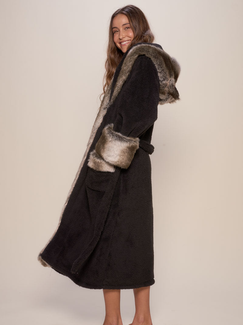 Woman wearing Grey Wolf Classic Faux Fur Robe. side view 3