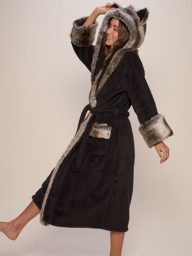 Woman wearing Grey Wolf Classic Faux Fur Robe. side view 2