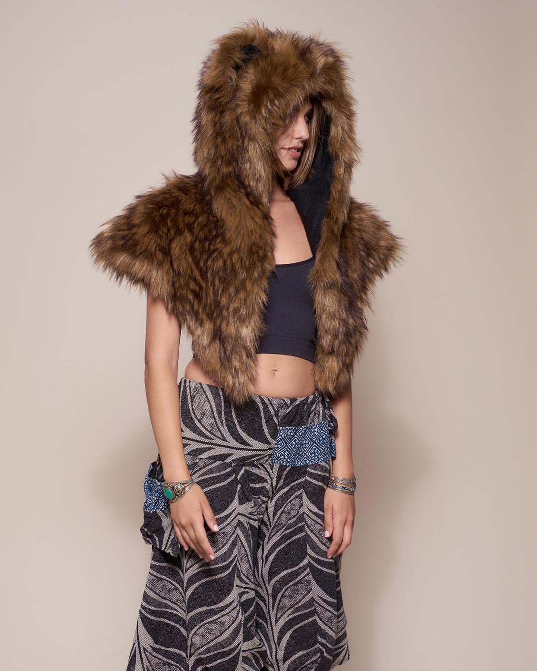 Faux Fur Shawl with Hood in Grizzly Bear Design on Woman