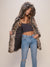 Woman wearing Grey Wolf Hooded Faux Fur Coat, front view 6