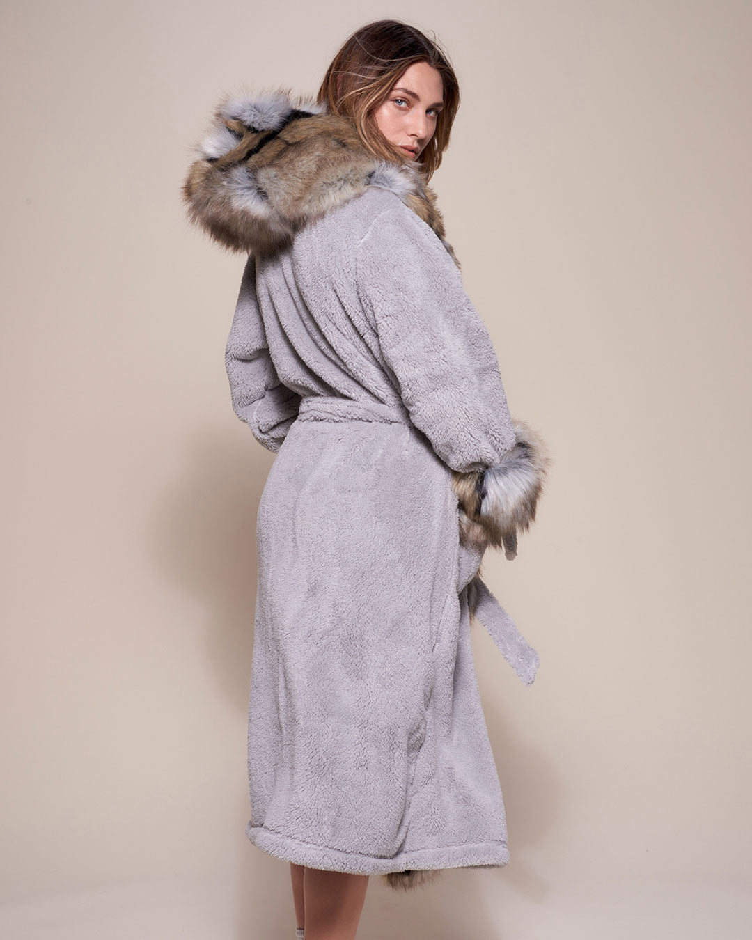 Back View of Wolverine Faux Fur Robe with Hood