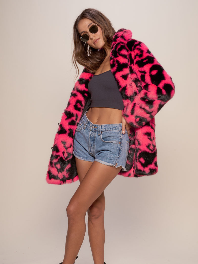 Collared Faux Fur Coat in Neon Pink Leopard Design on Female Model