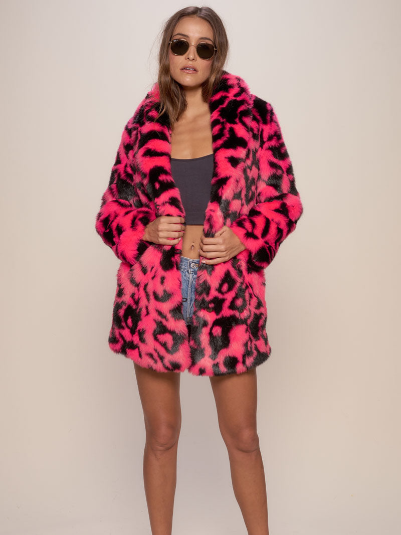 Neon Pink Leopard Faux Fur Coat With Collar on Female Model