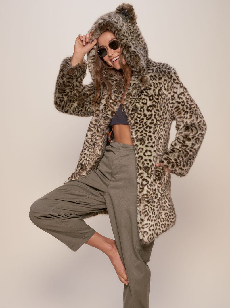 Woman wearing Forest Leopard Luxe Classic Faux Fur Coat
