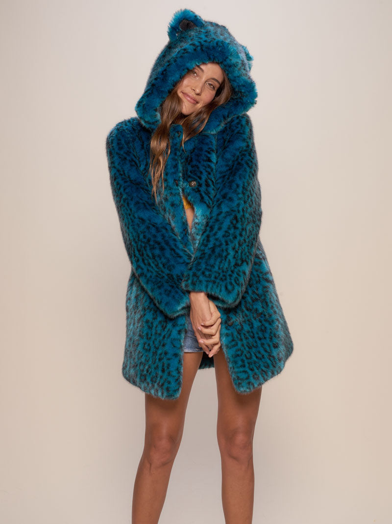 Classic Ice Leopard Faux Fur Coat with Hood on Female