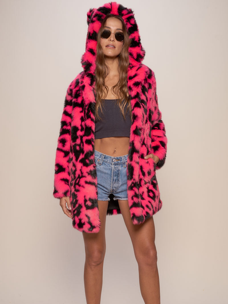 Woman wearing Neon Pink Leopard Classic Faux Fur Coat, front view 1