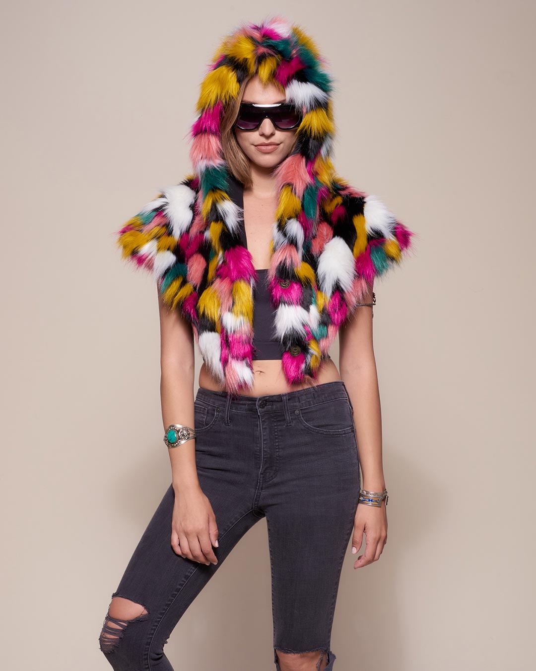 Faux Fur Shawl with Hood in Rainbow Butterfly Design on Female Model in Sunglasses