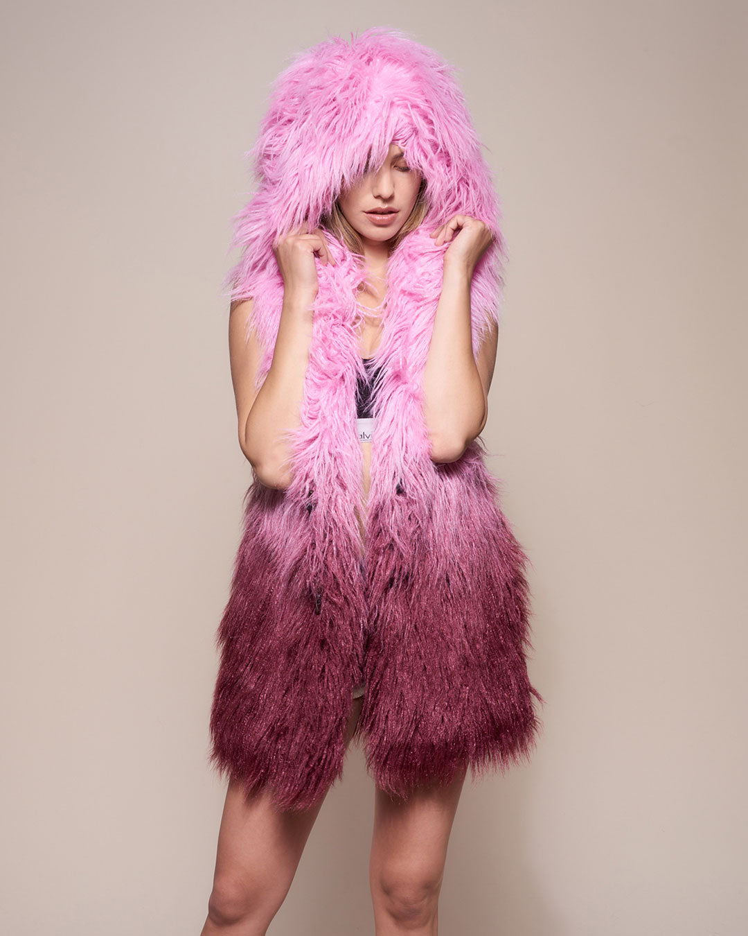 Pink Ombre Alpaca Hooded Faux Fur Vest on Woman