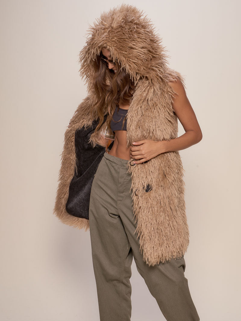 Tan Alpaca Faux Fur Vest with Hood