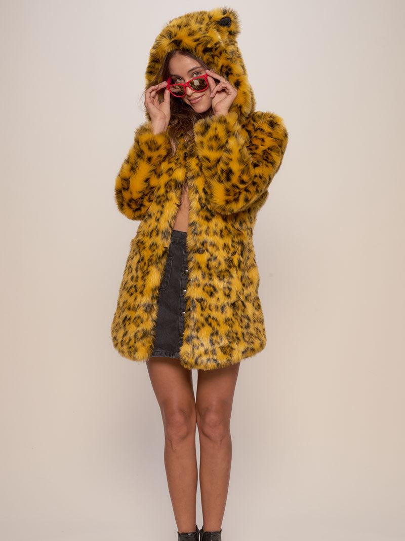 Woman wearing Yellow Cheetah Classic Faux Fur Coat, front view 2