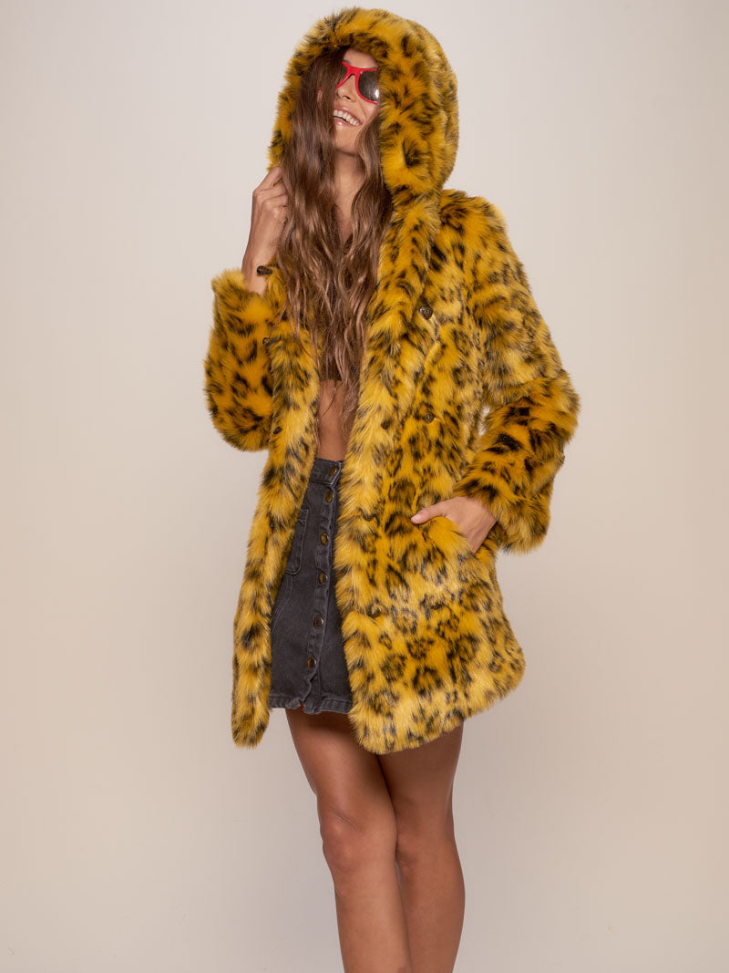 Hooded Faux Fur Coat Featuring Yellow Cheetah Design
