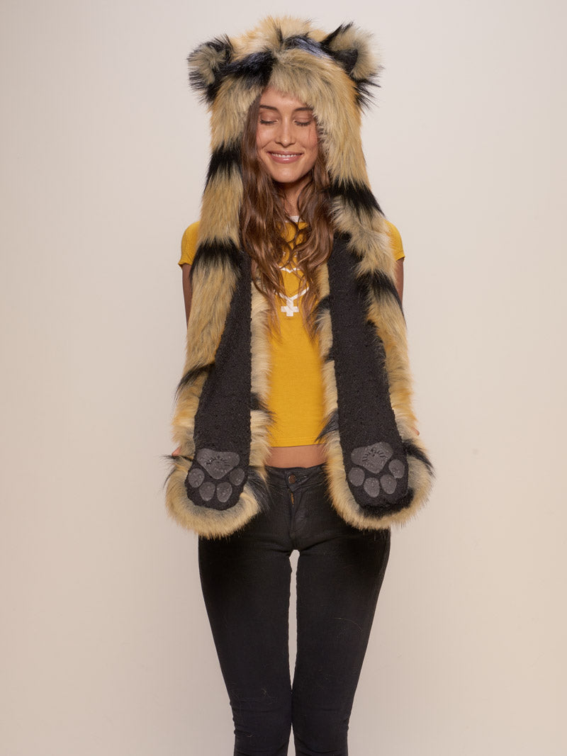Woman wearing Caspian Tiger Collector Edition Faux Fur Hood, front view