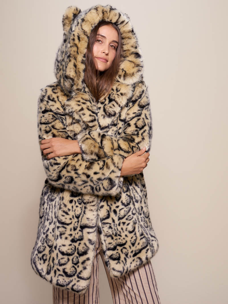 Woman wearing Classic Ocelot Luxe Faux Fur SpiritHood Coat, front view 4