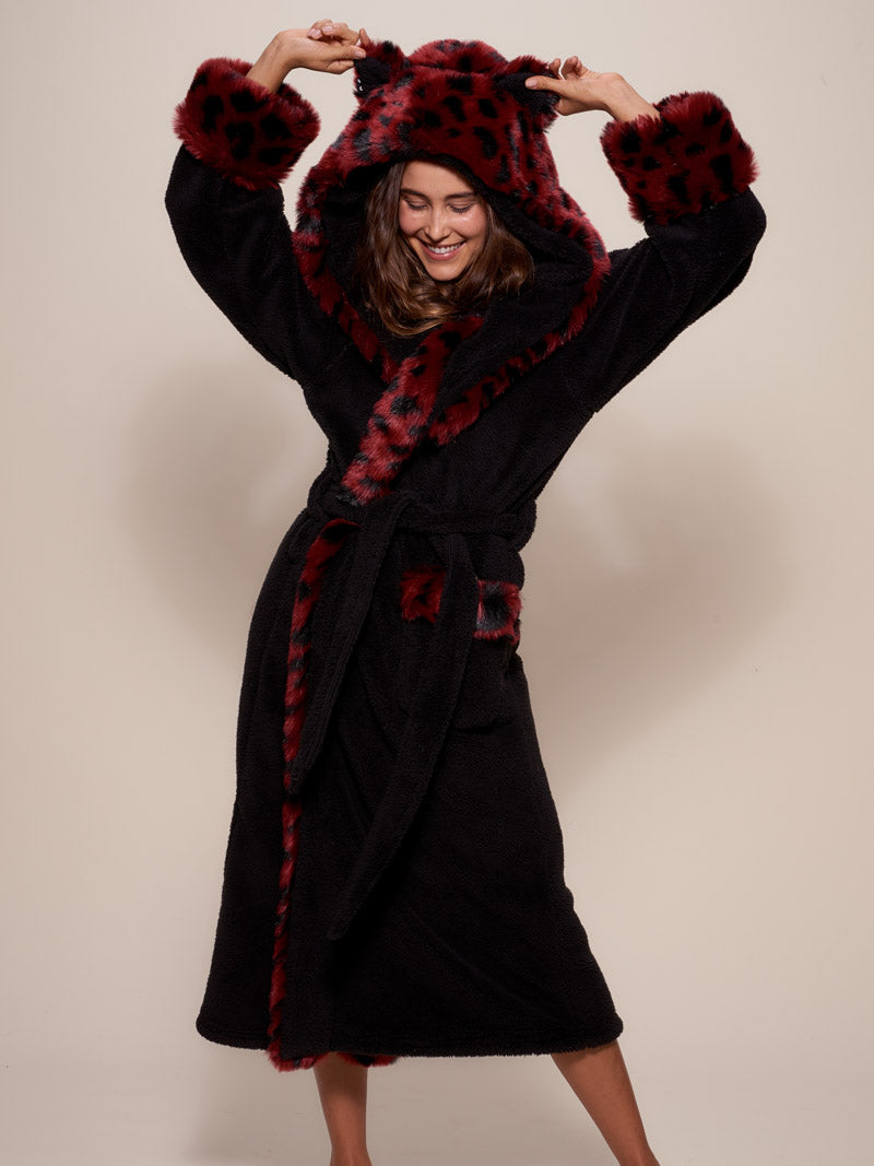 Women's Faux Fur Robe With Hood & Ears Cuddle Plush Wild Cat