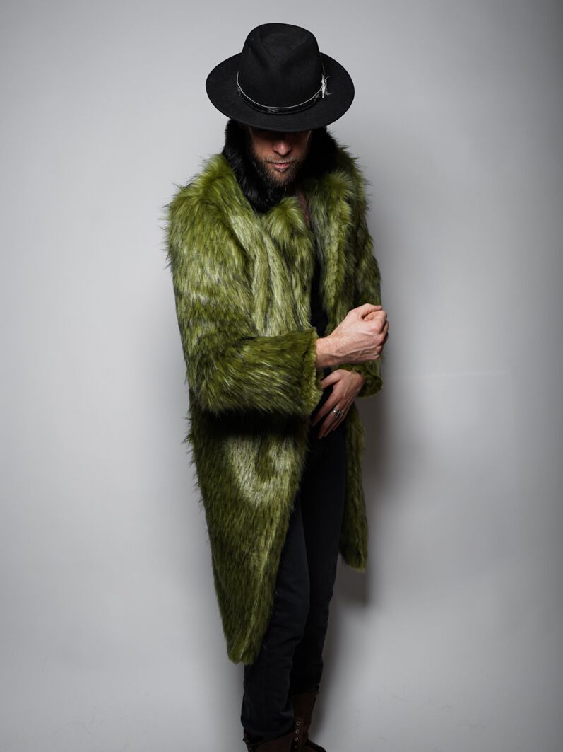 Man wearing Jade Fox Faux Fur Calf Length Coat, side view 1