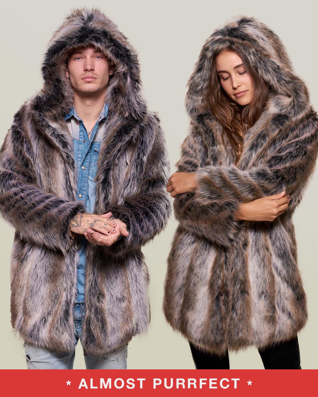 *Almost Purfect* Hooded Grey Wolf Faux Fur Coat - SpiritHoods