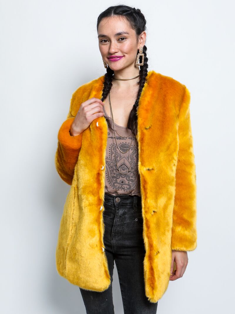 Yellow Golden Wolf V-Neck Luxe Faux Fur Coat on Female