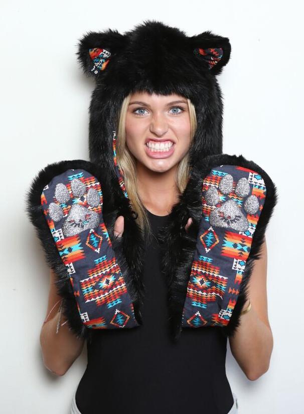 Woman wearing Unisex Black Cat Warrior HB3 Collectors Edition Faux Fur SpiritHood, front view 2
