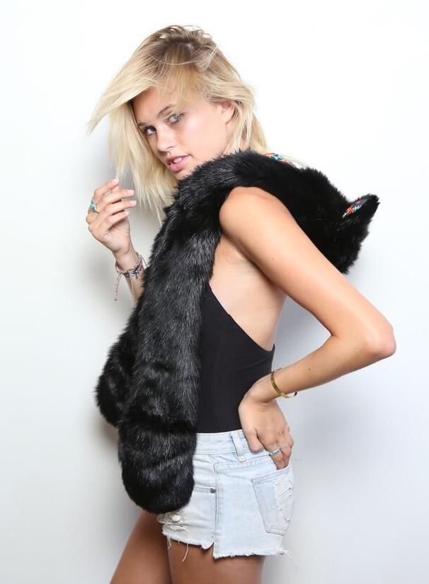 Woman wearing Unisex Black Cat Warrior HB3 Collectors Edition Faux Fur SpiritHood, side view