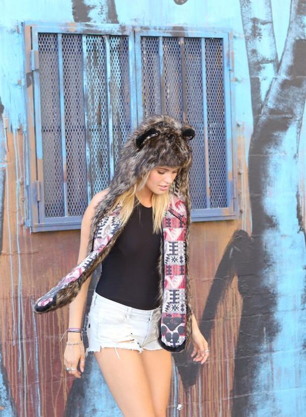 Woman wearing Brown Fox Collectors Edition Unisex Faux Fur SpiritHood, front view 1