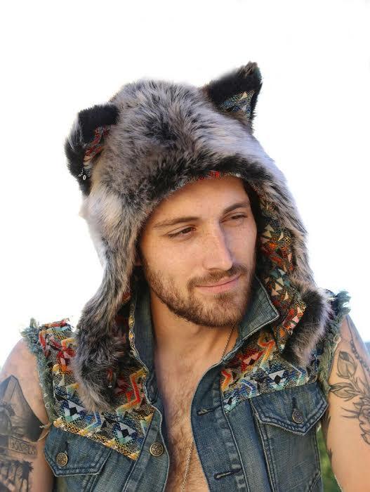 Grey Wolf 1/2 *Unisex* Faux Fur Hood on Male