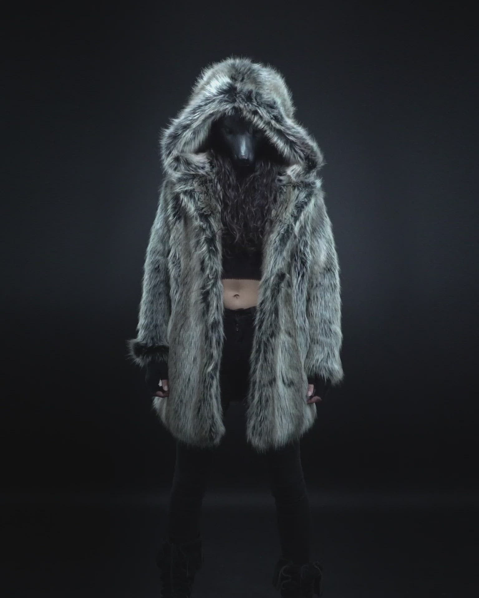Woman wearing Grey Wolf Hooded Faux Fur Coat, full view