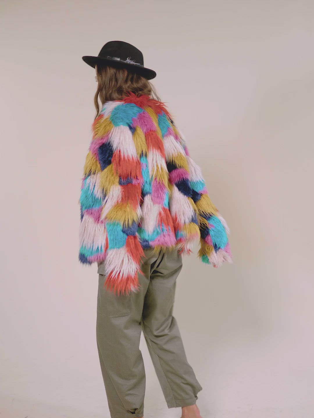 Woman wearing Butterfly Faux Fur Bomber Jacket, full view