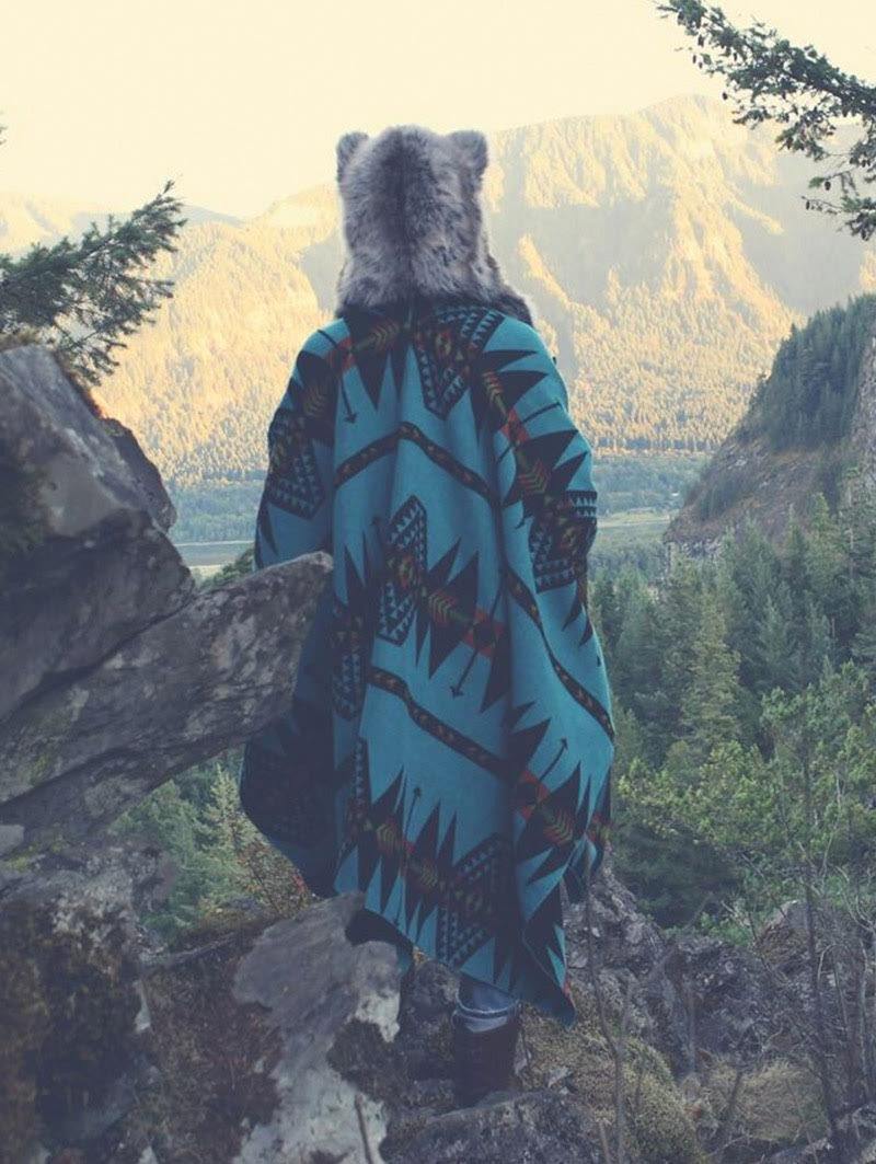 Italy Cape and Faux Fur Hood Worn in Mountain Setting