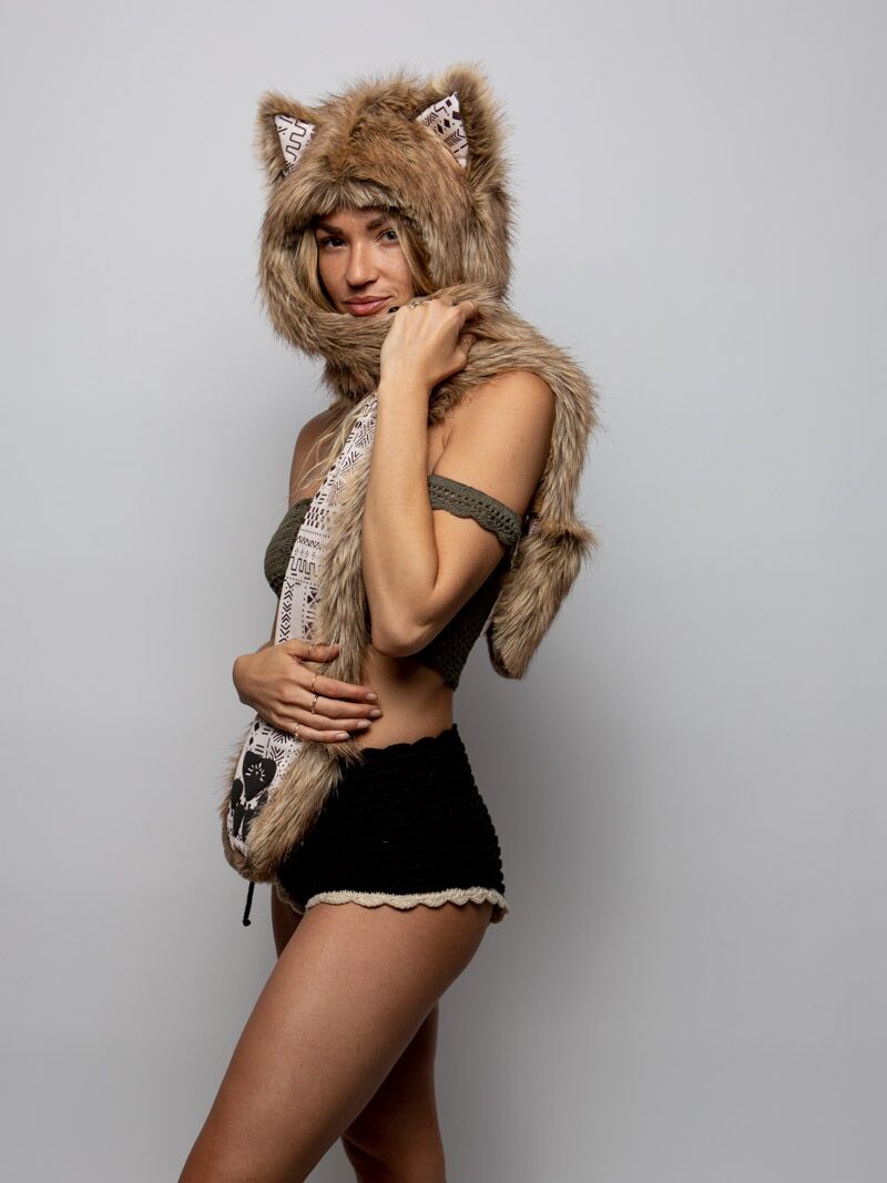 Woman wearing Coyote Collector Edition Faux Fur SpiritHood, side view