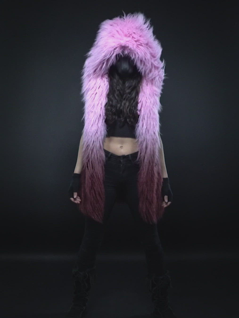 Pink Ombre Alpaca Faux Fur Vest with Hood on Woman