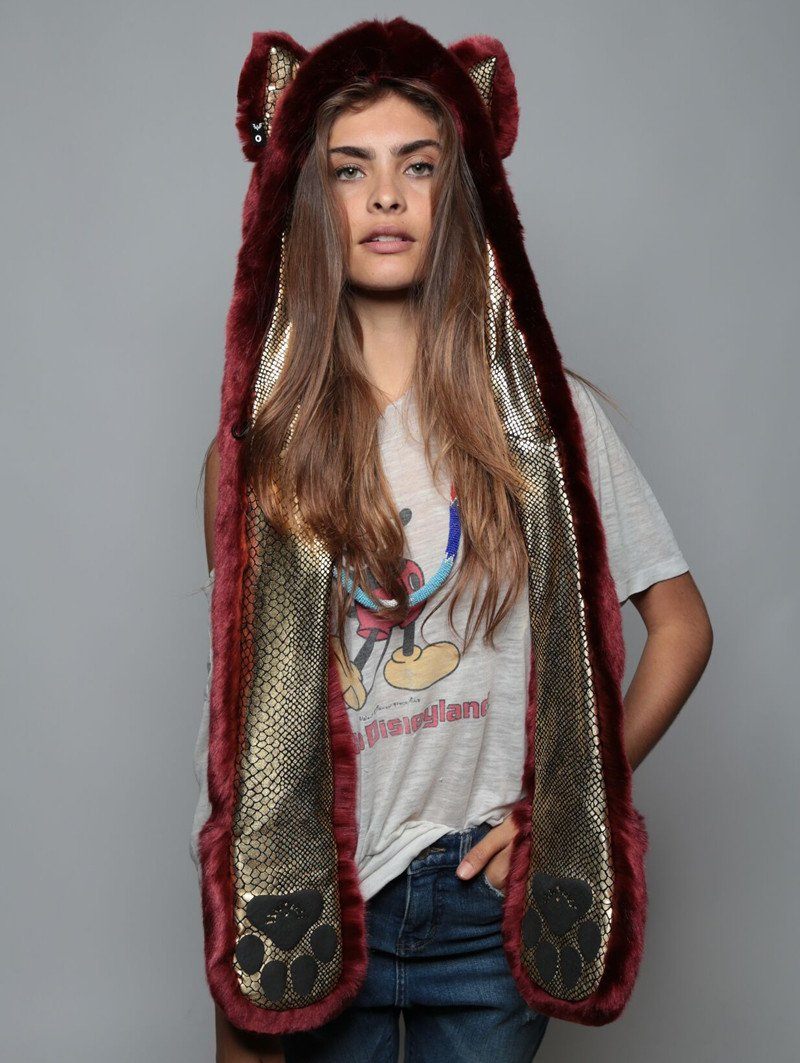 Woman wearing faux fur Drogon Wolf Limited Edition SpiritHood, front view
