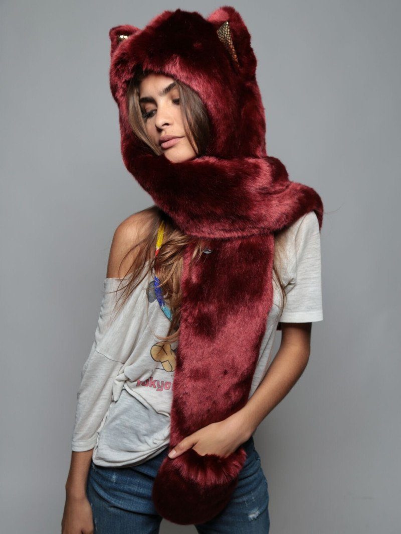 Woman wearing faux fur Drogon Wolf Limited Edition SpiritHood, side view