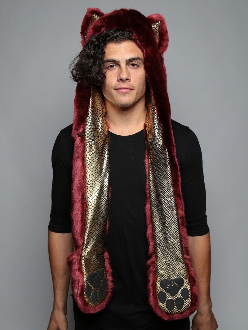 Man wearing faux fur Drogon Wolf Limited Edition SpiritHood, front view