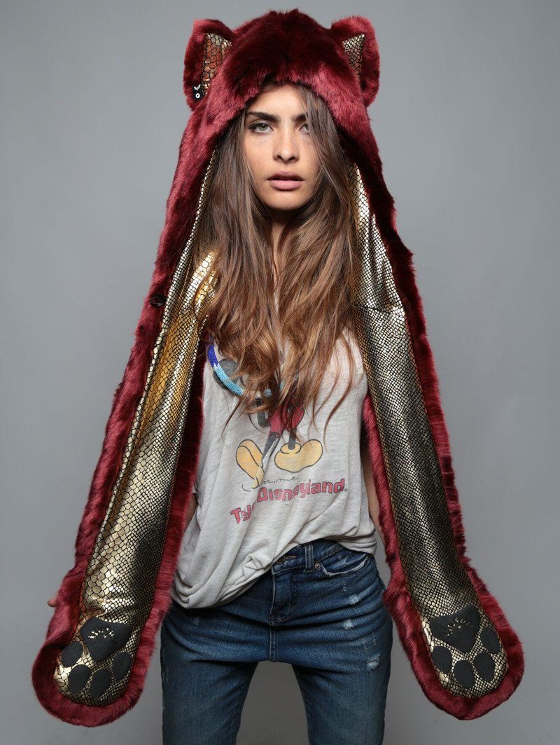 Woman wearing faux fur Drogon Wolf Limited Edition SpiritHood