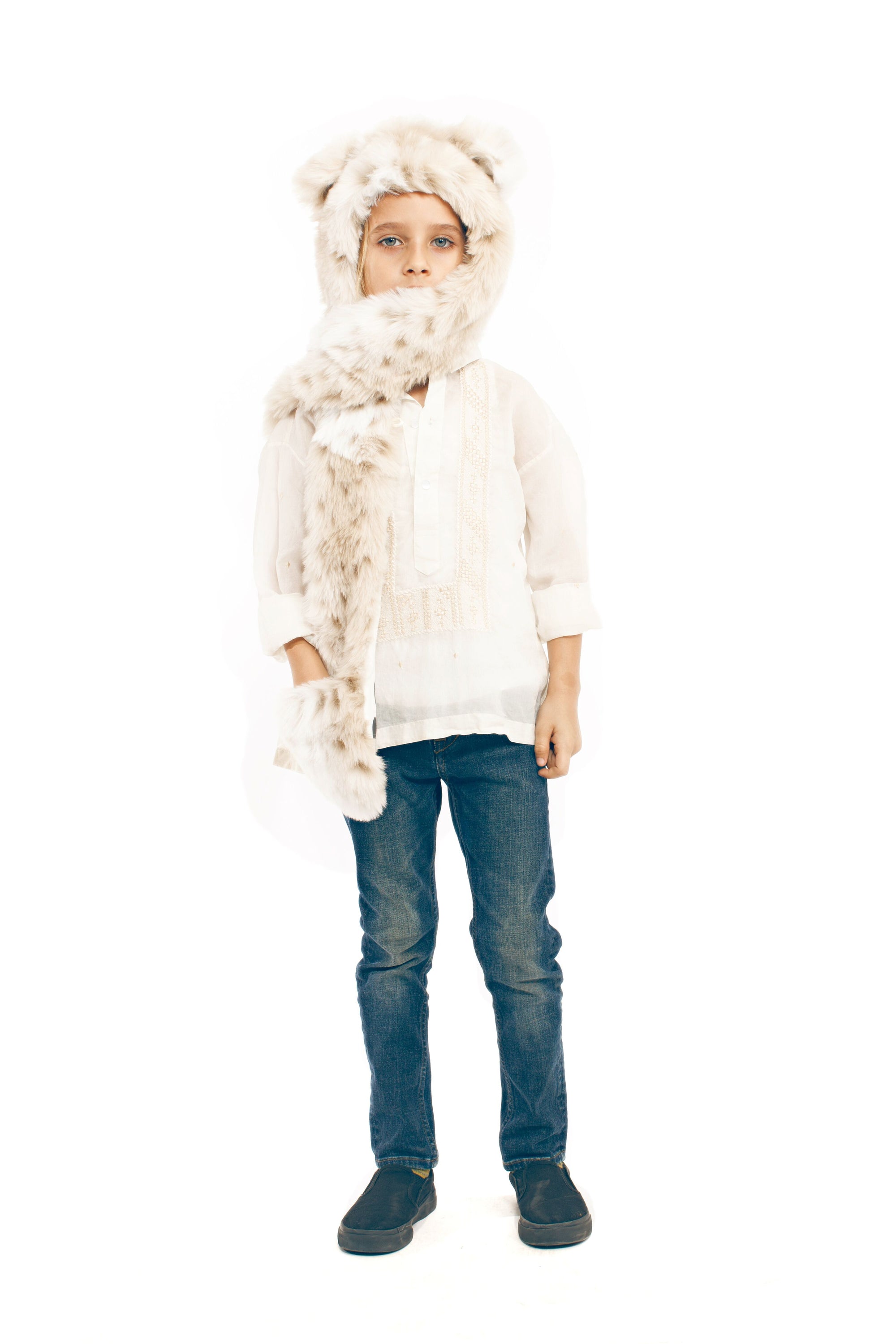 Kids Snow Leopard Faux Fur SpiritHood on Boy Model