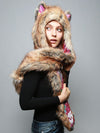 Woman wearing faux fur Flying Fox Collector SpiritHood, side view