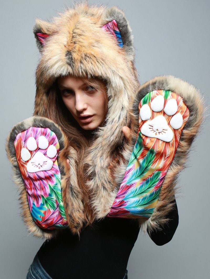 Woman wearing faux fur Flying Fox Collector SpiritHood, front view