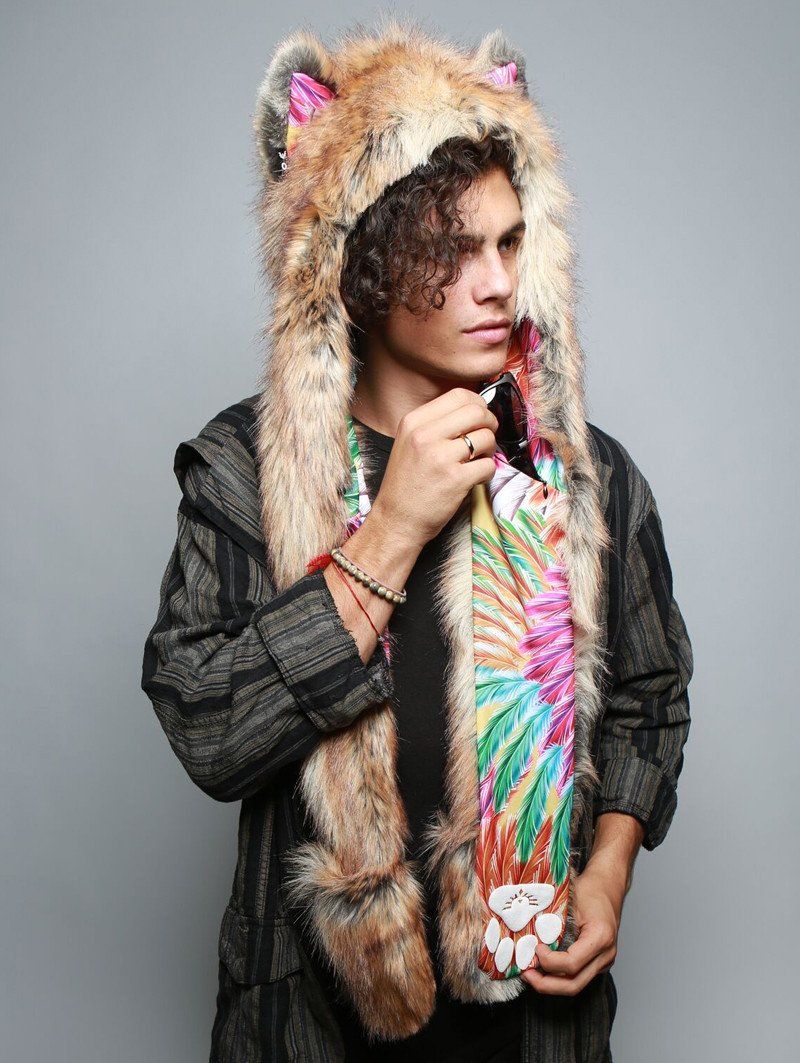 Man wearing faux fur Flying Fox Collector SpiritHood, side view 2