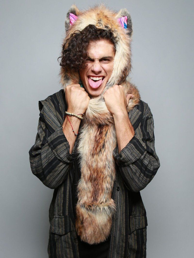 Man wearing faux fur Flying Fox Collector SpiritHood, front view 1