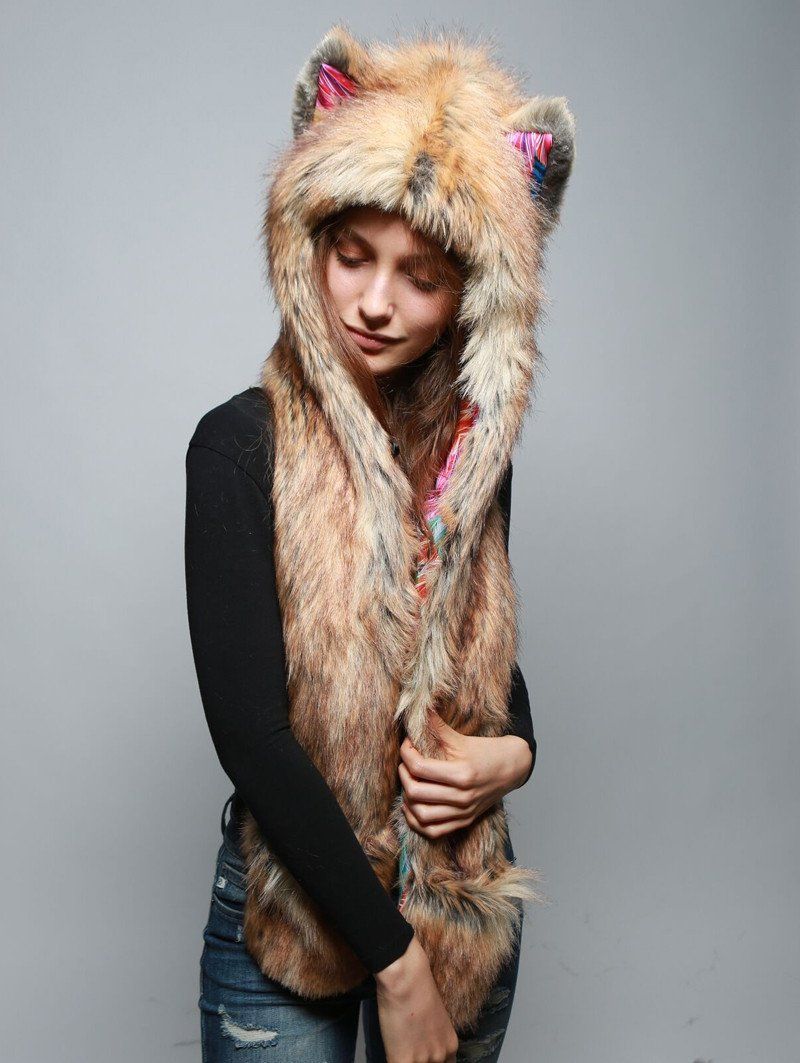 Woman wearing faux fur Flying Fox Collector SpiritHood, side view 1