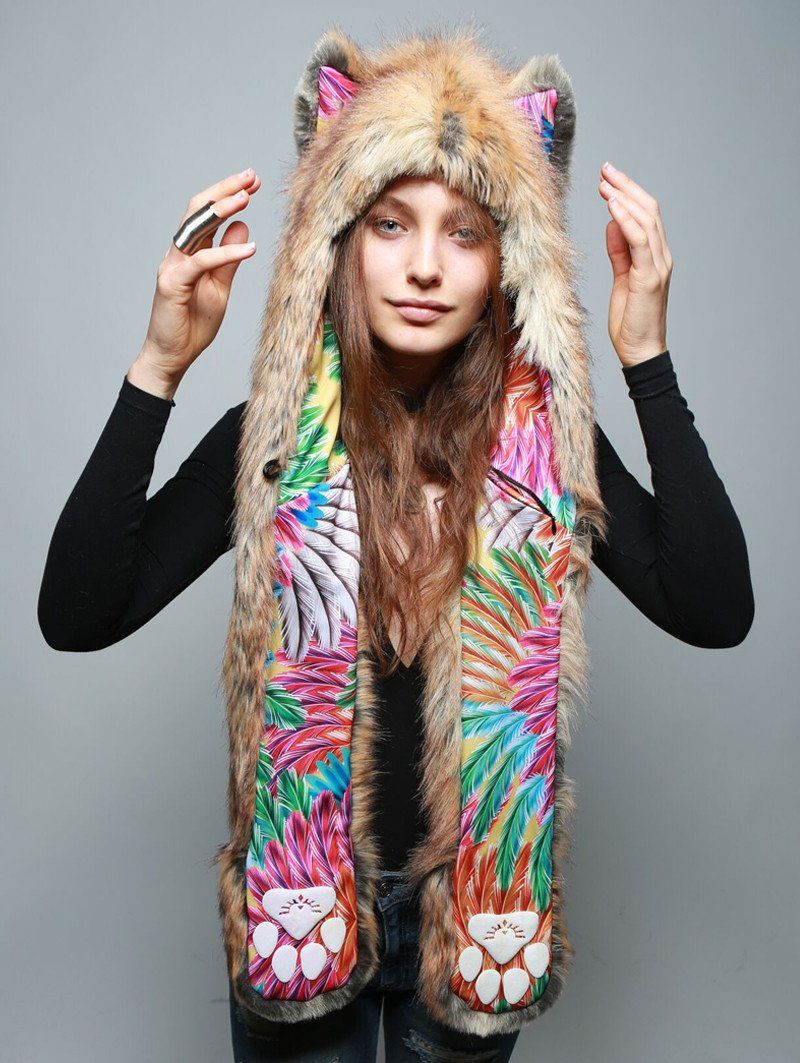Woman wearing faux fur Flying Fox Collector SpiritHood