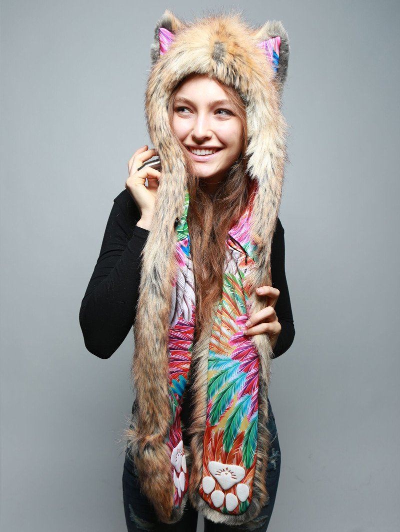 Woman wearing faux fur Flying Fox Collector SpiritHood, front view 1