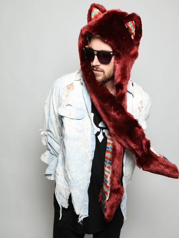 Man wearing Fire Wolf 2.0 Collectors Edition Faux Fur SpiritHood, side view