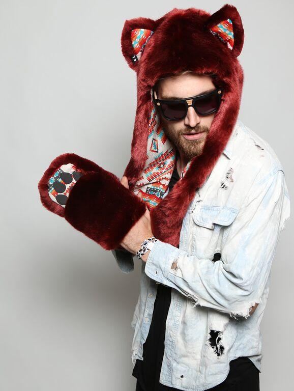 Man wearing Fire Wolf 2.0 Collectors Edition Faux Fur SpiritHood, side view 1
