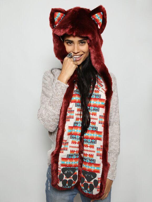 Woman wearing faux fur Fire Wolf 2.0 Collectors Edition SpiritHood